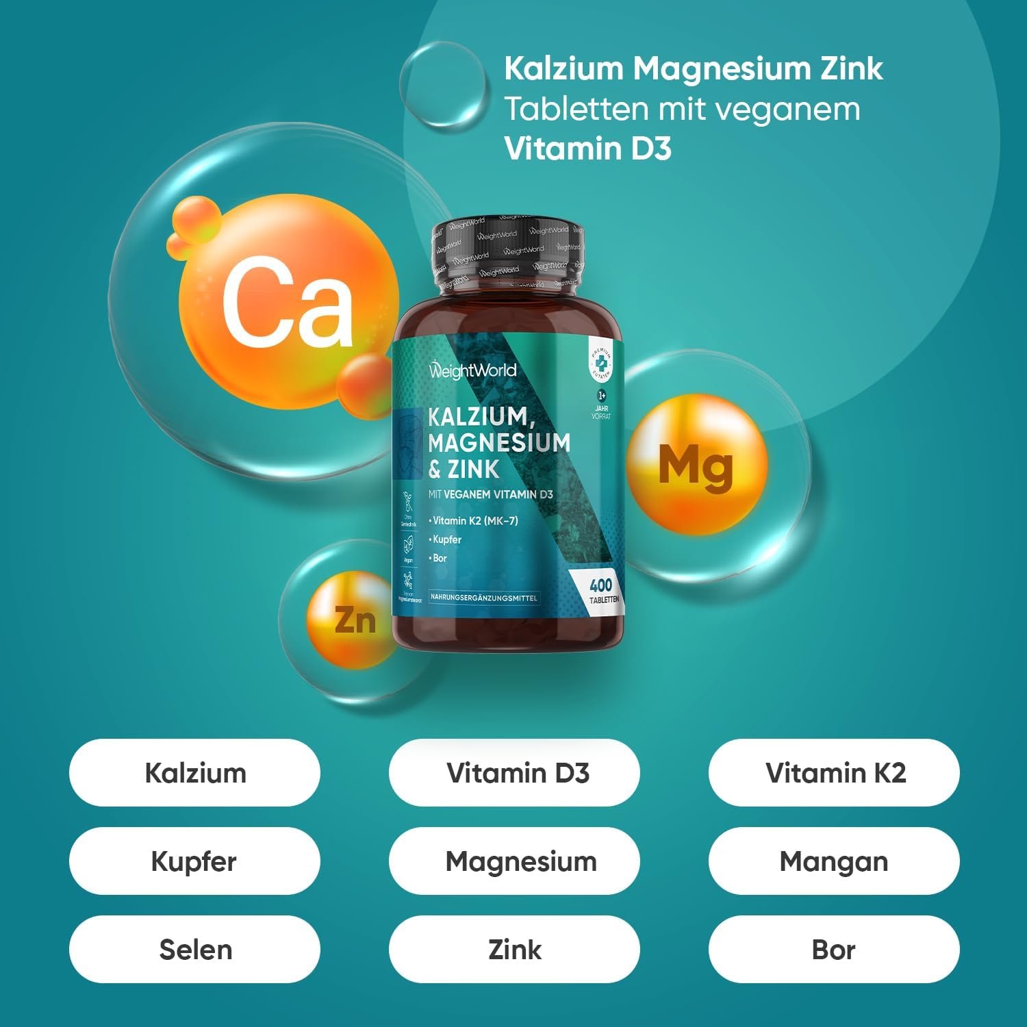 WeightWorld Calcium Magnesium Zinc Tablets 400 Count - One-Year Supply with Vitamins D3 and K2, Manganese, Selenium and Boron, Vegan