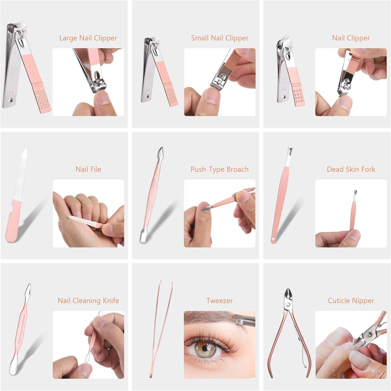 URAQT 18-Piece Nail Clipper Set - Professional Stainless-Steel Manicure and Pedicure Kit for Women and Men, Rose Gold - Image 4