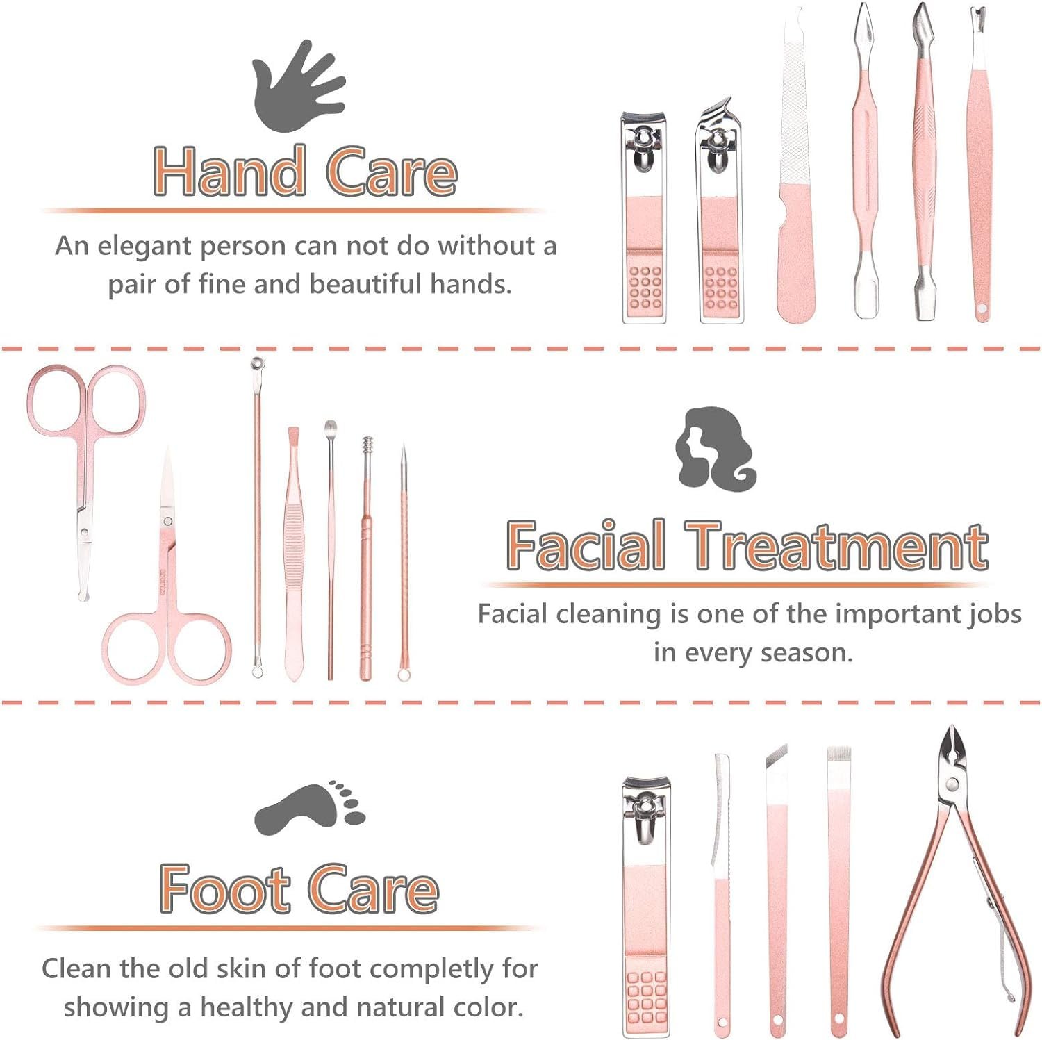 URAQT 18-Piece Nail Clipper Set - Professional Stainless-Steel Manicure and Pedicure Kit for Women and Men, Rose Gold - Image 7