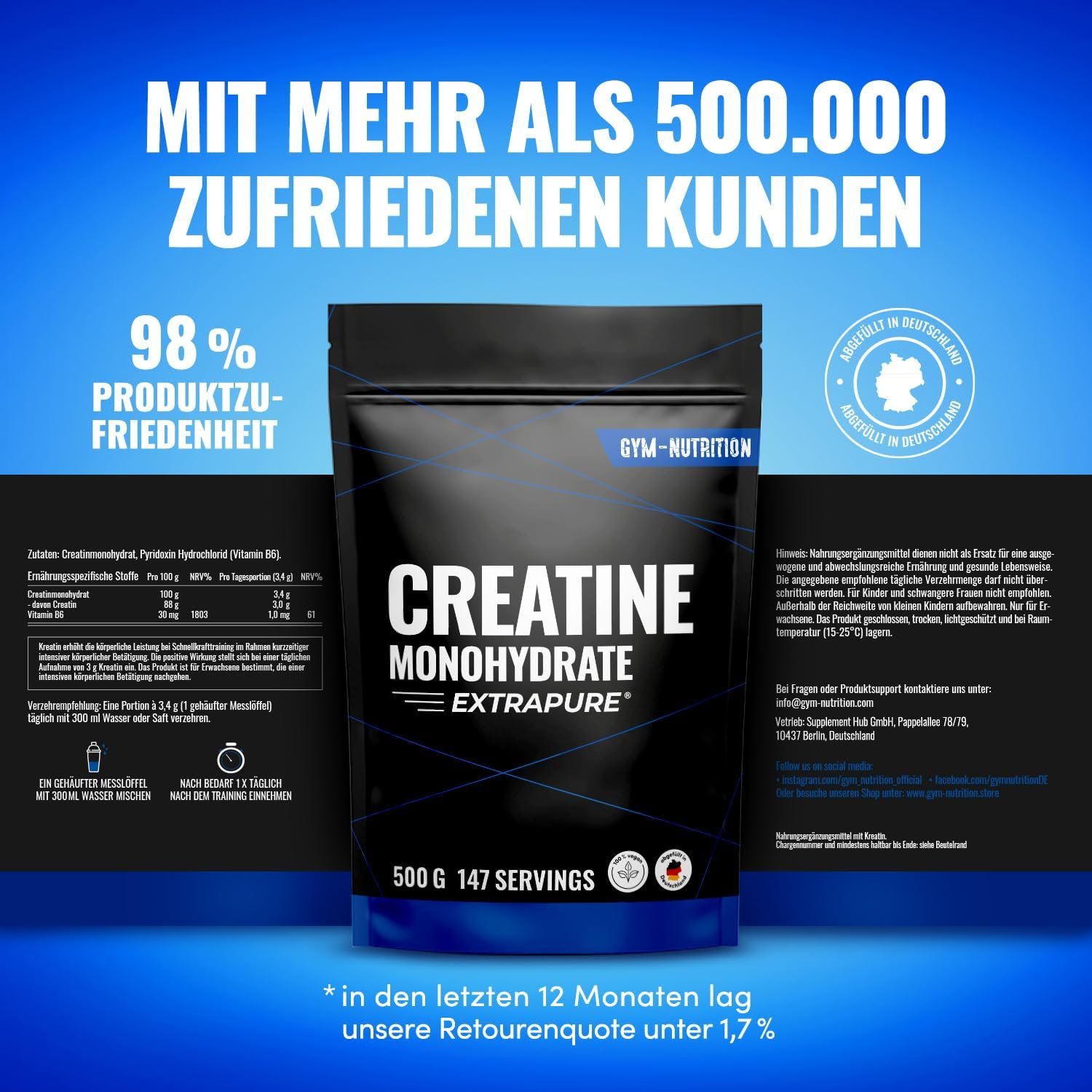 Creatine Monohydrate Powder 500g - Micronised, 100% Pure, Vegan and Laboratory Tested