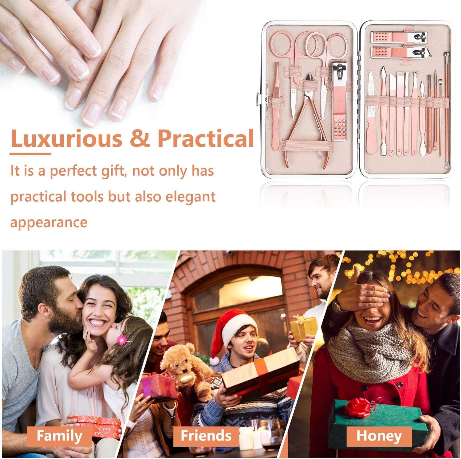 URAQT 18-Piece Nail Clipper Set - Professional Stainless-Steel Manicure and Pedicure Kit for Women and Men, Rose Gold - Image 2
