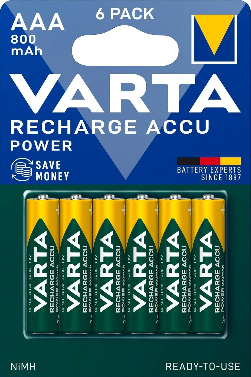 VARTA Recharge Accu Power AAA HR03 800mAh NiMH 1.2V Pre-Charged Rechargeable Batteries - Pack of 6 - Image 5