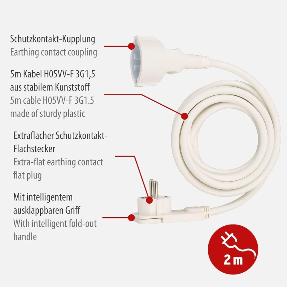 2m Extension Cable with Flat Plug - Plastic Indoor Power Extension Lead - Image 6