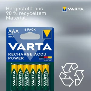 VARTA Recharge Accu Power AAA HR03 800mAh NiMH 1.2V Pre-Charged Rechargeable Batteries - Pack of 6