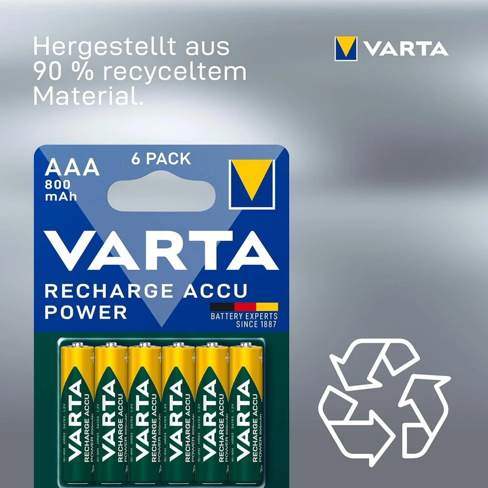 VARTA Recharge Accu Power AAA HR03 800mAh NiMH 1.2V Pre-Charged Rechargeable Batteries - Pack of 6
